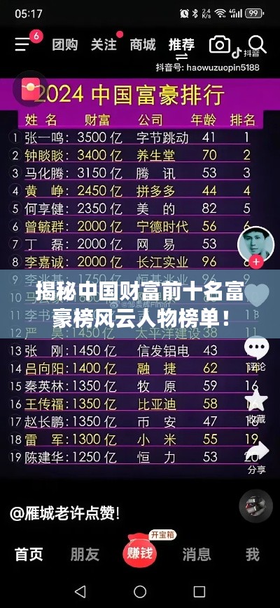 揭秘中國財富前十名富豪榜風(fēng)云人物榜單！