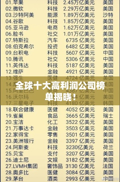 全球十大高利潤公司榜單揭曉！